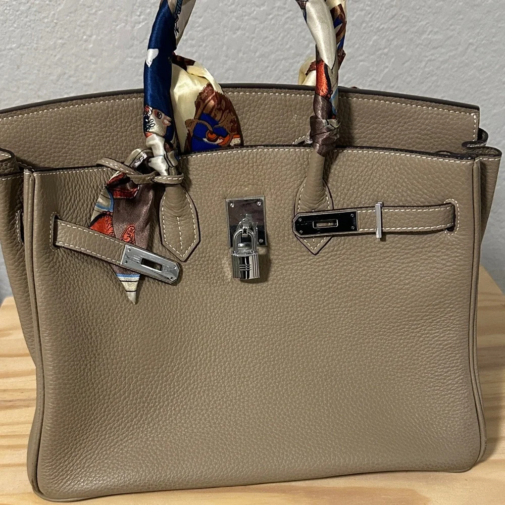 Birkin Hermes Style Bag - Elegant Taupe Gennuine Leather Handbag 35cm - Picture 5 of 15